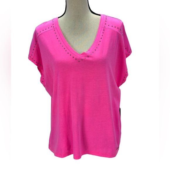 DKNY Sleeveless V-Neck Jeweled Accent T-Shirt - Neon Pink - size Large - Picture 1 of 9